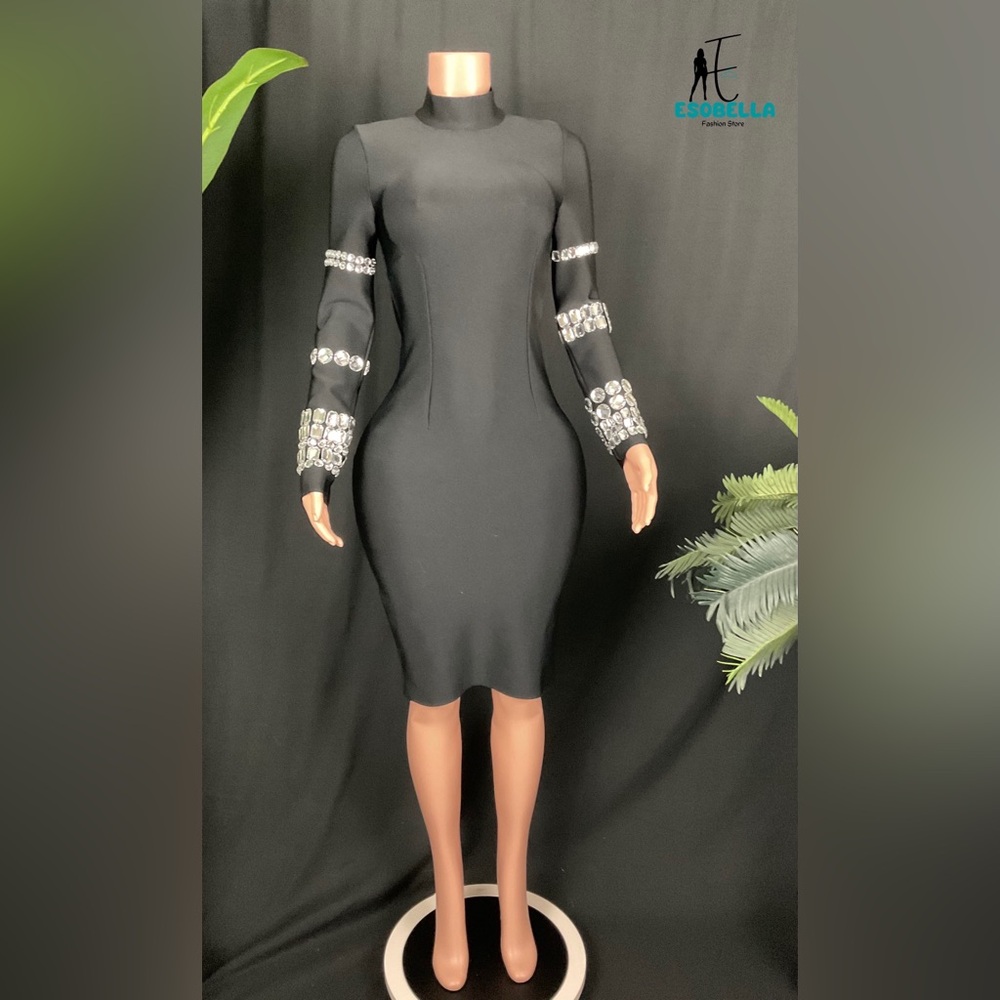 Rhinestone Embellished Long Sleeve Midi Bandage Dress